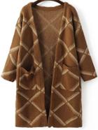 Shein Brown Diamond Pattern Long Cardigan With Pockets