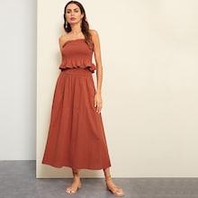 Shein Frill Trim Shirred Panel Bandeau Crop Top And Skirt Set