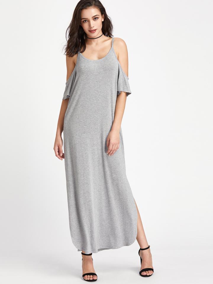 Shein Open Shoulder Flutter Sleeve Slit Curved Heathered Dress