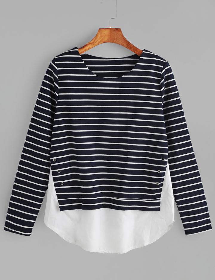 Shein Navy Striped Contrast Hem 2 In 1 T-shirt