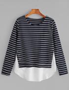 Shein Navy Striped Contrast Hem 2 In 1 T-shirt