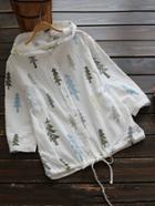 Shein Tree Print Drawstring Hem Hooded Blouse