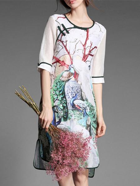 Shein White Peacock Print Split Shift Dress