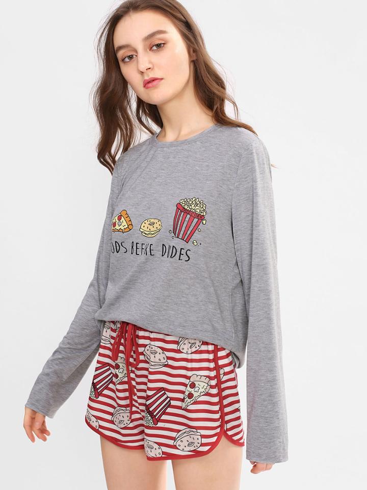 Shein Graphic Tee & Striped Dolphin Shorts Pj Set