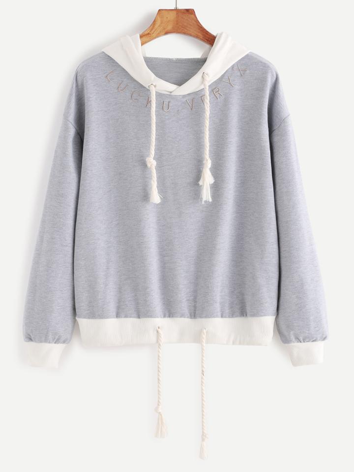 Shein Contrast Trim Hooded Letter Embroidered Drawstring Sweatshirt