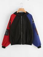 Shein Contrast Sleeve Patch Detail Zip Up Jacket
