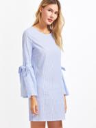 Shein Blue And White Vertical Striped Belted Bell Sleeve Dress