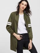 Shein Olive Green Striped Sleeve Longline Zip Up Bomber Jacket