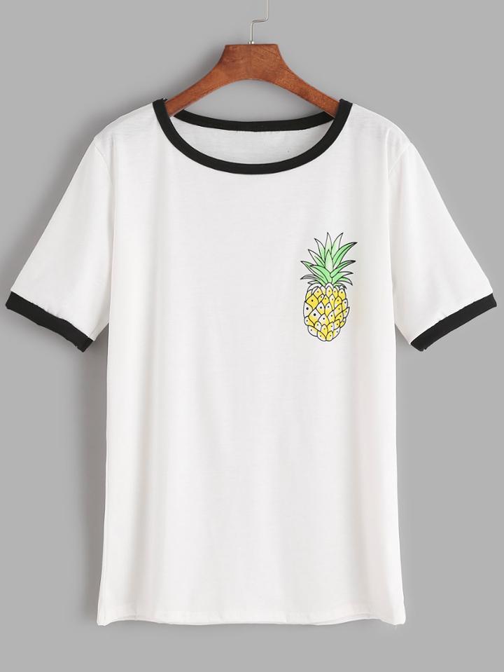 Shein White Contrast Trim Pineapple Print T-shirt