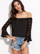 Shein Black Off The Shoulder Hollow Lace Sleeve Top