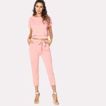 Shein Roll Up Sleeve Top & Tie Waist Pants
