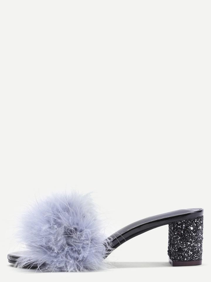 Shein Grey Feather Furry Slides Heeled Slippers
