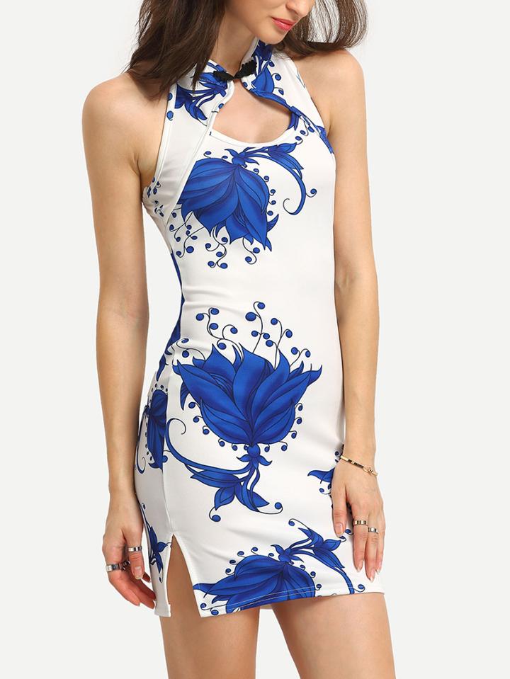 Shein Flower Print Halter Cheongsam Neck Dress