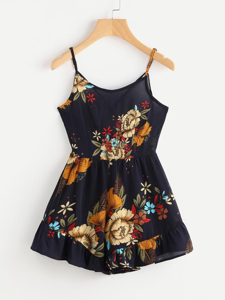 Shein Florals Criss Cross Back Frill Hem Cami Romper
