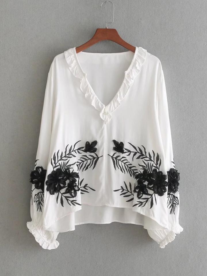 Shein Contrast Flower Applique Ruffle Detail Blouse