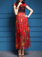 Shein Red Contrast Lace Print Maxi Dress