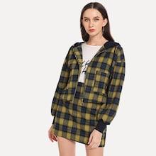 Shein Plaid Zip Up Hooded Jacket With Skirt