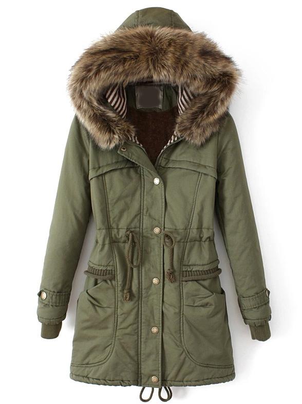 Shein Green Faux Fur Hooded Drawstring Pockets Coat