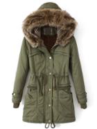 Shein Green Faux Fur Hooded Drawstring Pockets Coat
