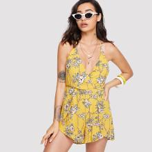 Shein Botanical Print Flower Print Halter Wrap Romper