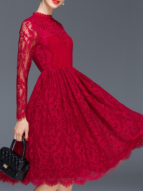 Shein Wine Red Round Neck Long Sleeve Embroidered Lace Dress