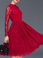 Shein Wine Red Round Neck Long Sleeve Embroidered Lace Dress