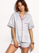 Shein Grey Embroidered Blouse With Contrast Binding Shorts