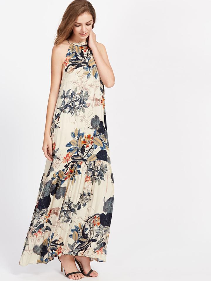 Shein Tropical Print Frilled Halter Neck Smock Dress