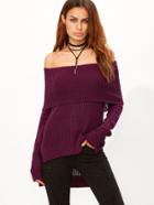 Shein Purple Foldover Off The Shoulder High Low Ribbed Sweater