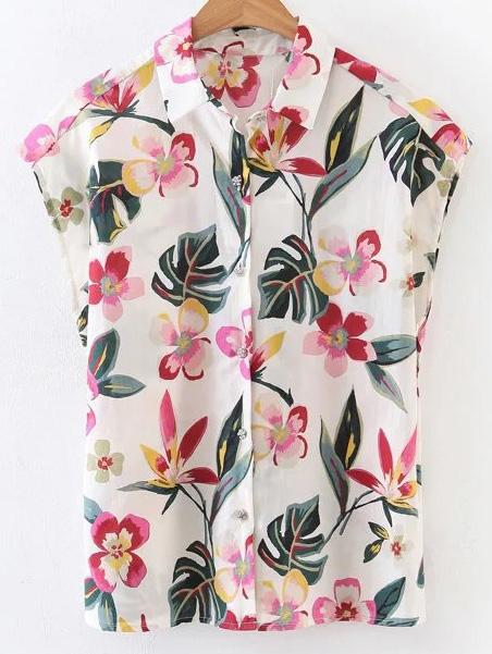 Shein Multicolor Floral Single Breasted Sleeveless Blouse