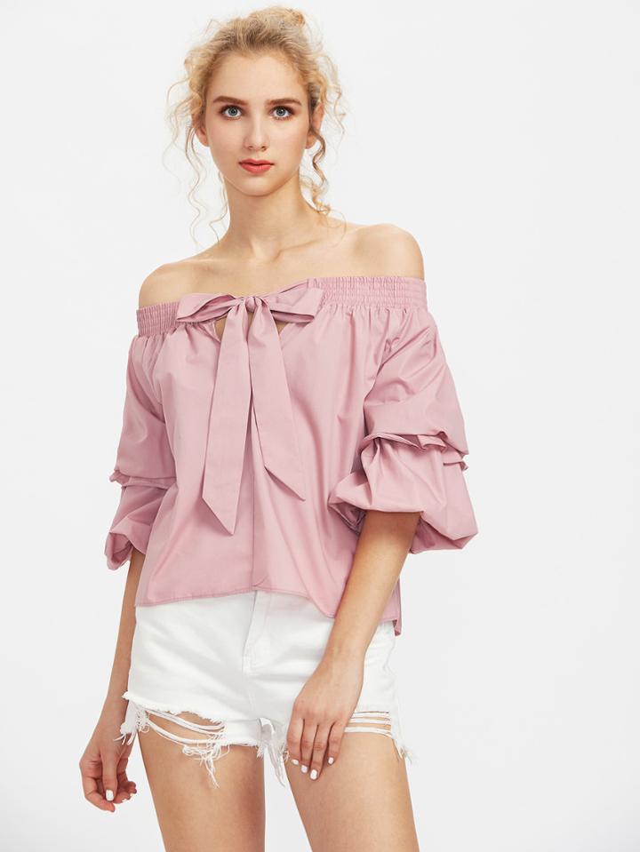 Shein Bardot Lantern Sleeve Top With Bow