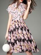 Shein Pink Lapel Ruffle Pleated Print Dress