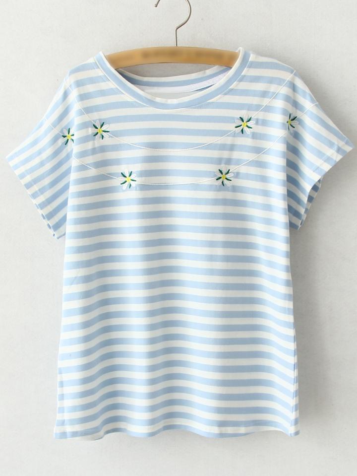 Shein Blue Short Sleeve Flowers Embroidery Stripe T-shirt