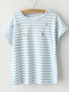 Shein Blue Short Sleeve Flowers Embroidery Stripe T-shirt