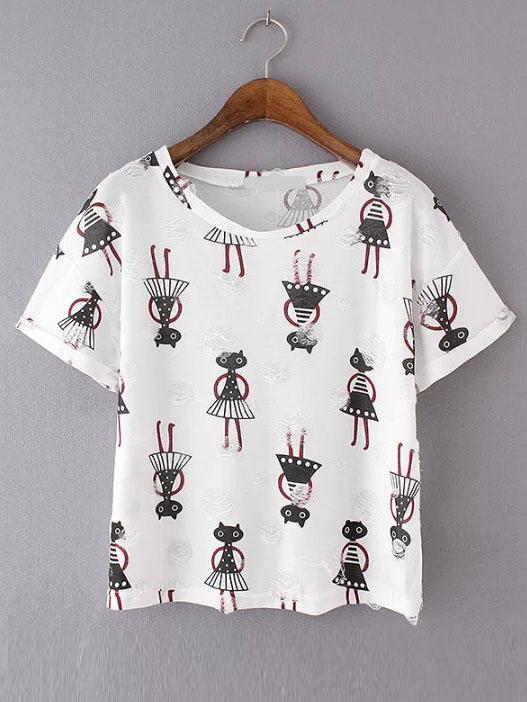 Shein Comic Print Ripped Mesh T-shirt