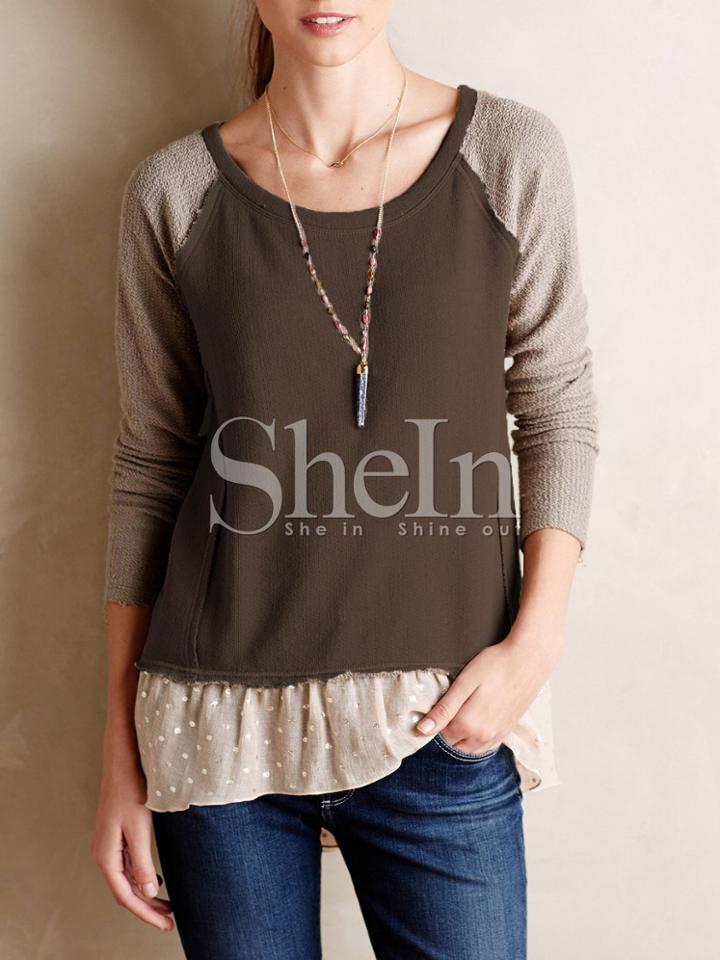 Shein Brown Contrast Raglan Sleeve Flounce T-shirt