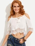 Shein White Lace Trim Tie Neck Cold Shoulder Blouse