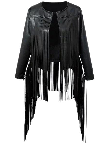 Shein Black Long Sleeve Fringe Pu Leather Jacket