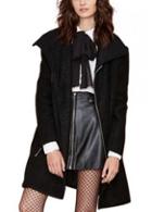 Rosewe Trendy Turndown Collar Zipper Closure Black Woolen Coat