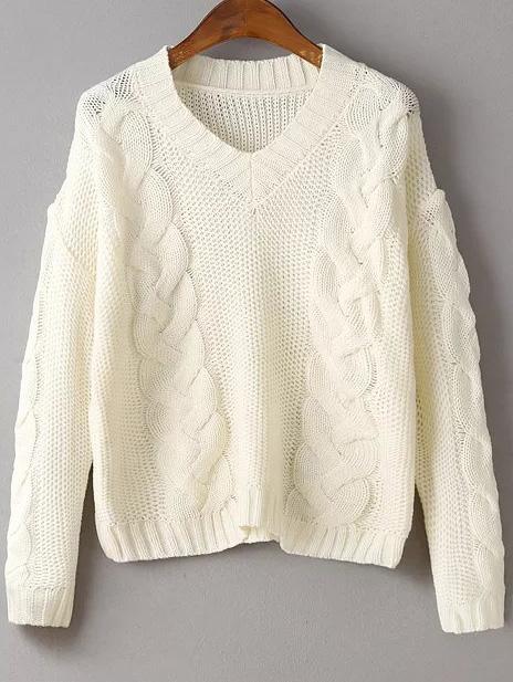 Shein Beige Cable Knit V Neck Drop Shoulder Sweater