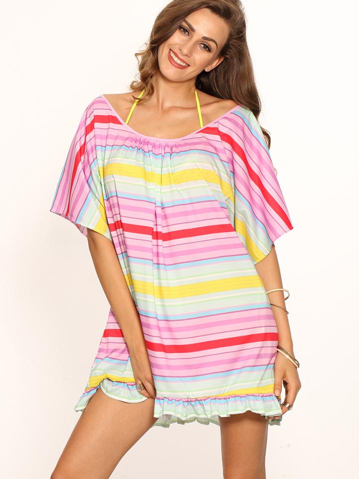 Shein Colored Stripe Ruffle Hem Halter Neck Shift Dress