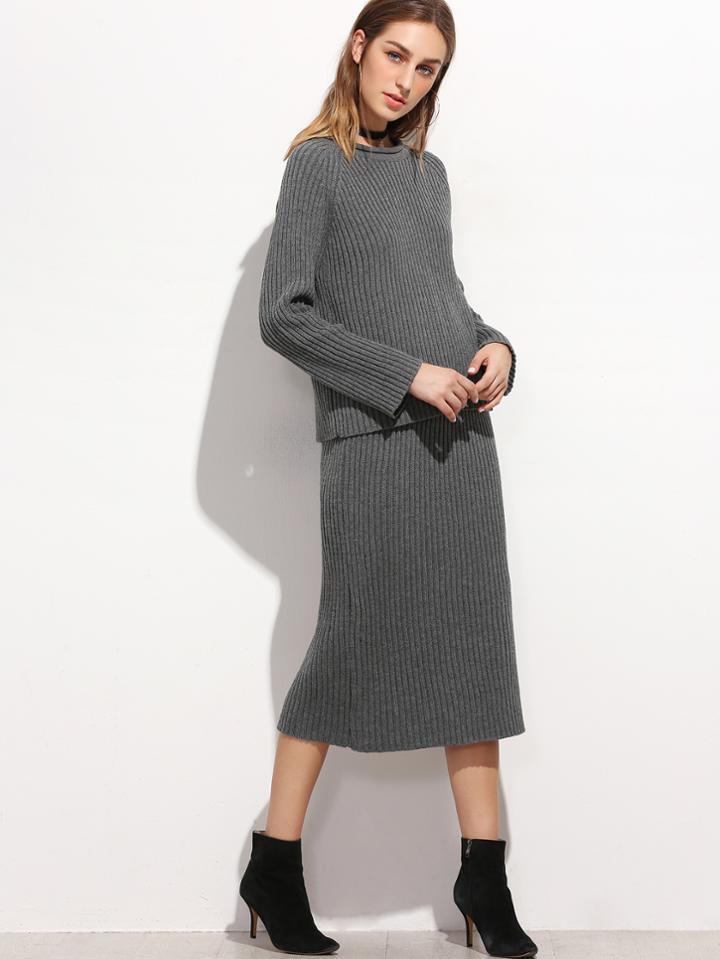 Shein Dark Grey Raglan Sleeve Ribbed Sweater With Skirt