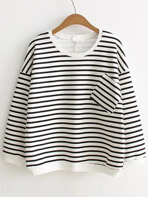 Shein Black And White Striped Sweatshirt With Pocket