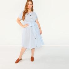 Shein Plus Batwing Sleeve Self Belted Button Up Striped Dress