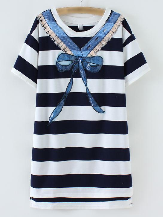 Shein Navy Stripe Bow Sequined Front Dress