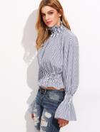 Shein Blue And White Vertical Striped Bell Sleeve Smocked Ruffle Blouse