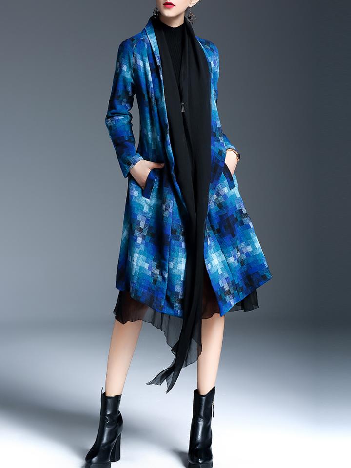 Shein Blue Plaid Pockets Woolen Coat