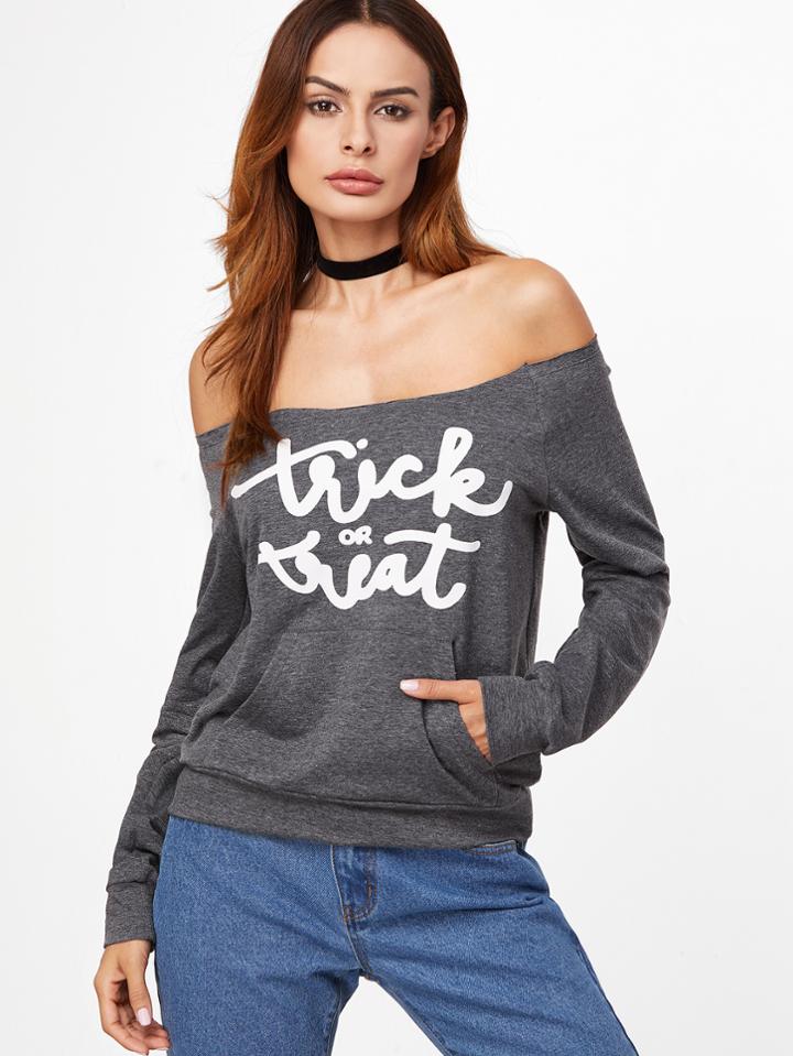 Shein Letter Print Bardot Sweatshirt With Pocket