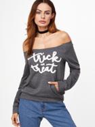 Shein Letter Print Bardot Sweatshirt With Pocket
