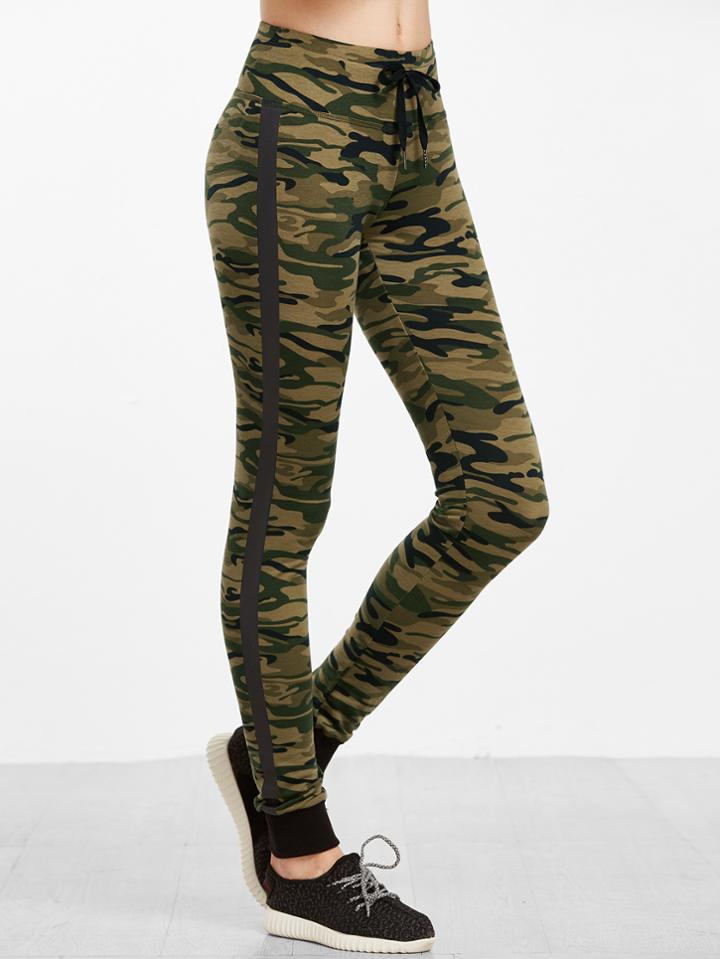 Shein Olive Green Camo Print Contrast Sideseam Skinny Sweatpants